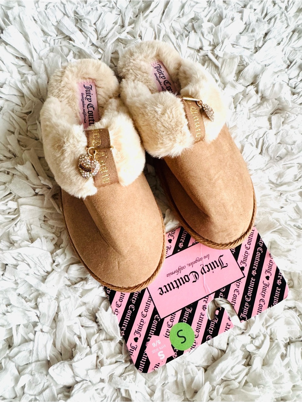 Juicy Couture Tan Faux Suede Fur-Lined Slip-On Slippers Sz 5/6